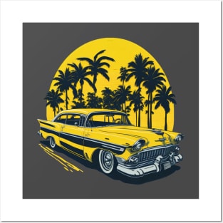 yellow classic car 1960s with palm trees at sunset Posters and Art